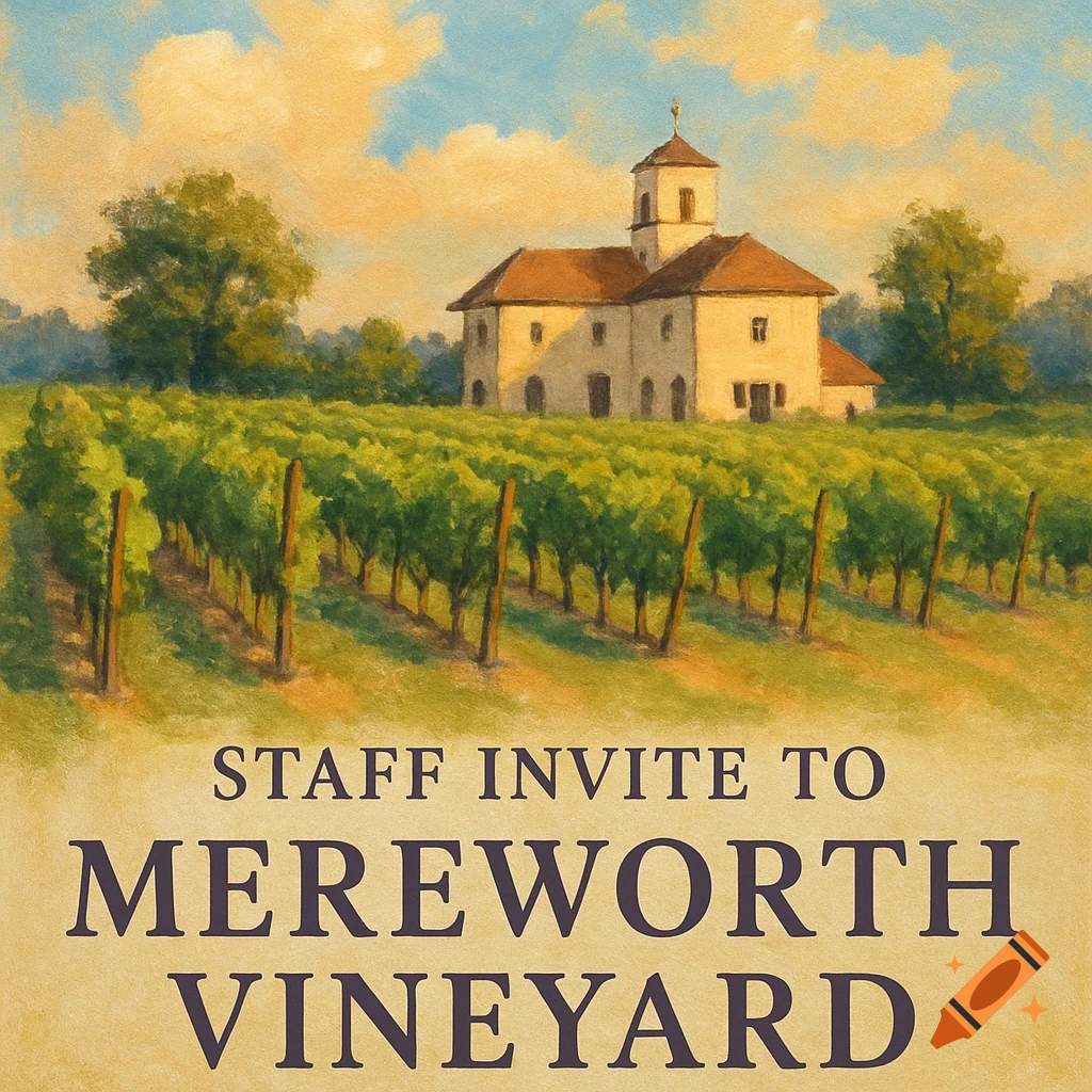 A painted vineyard landscape with a building and text 'STAFF INVITE TO MEREWORTH VINEYARD'.