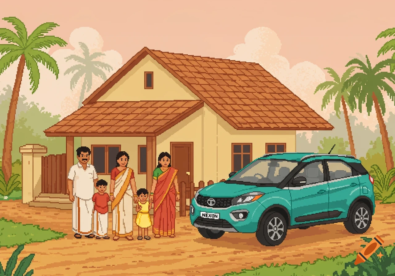 Pixel art illustration of a South Indian family standing near their house with a Tata Nexon car.