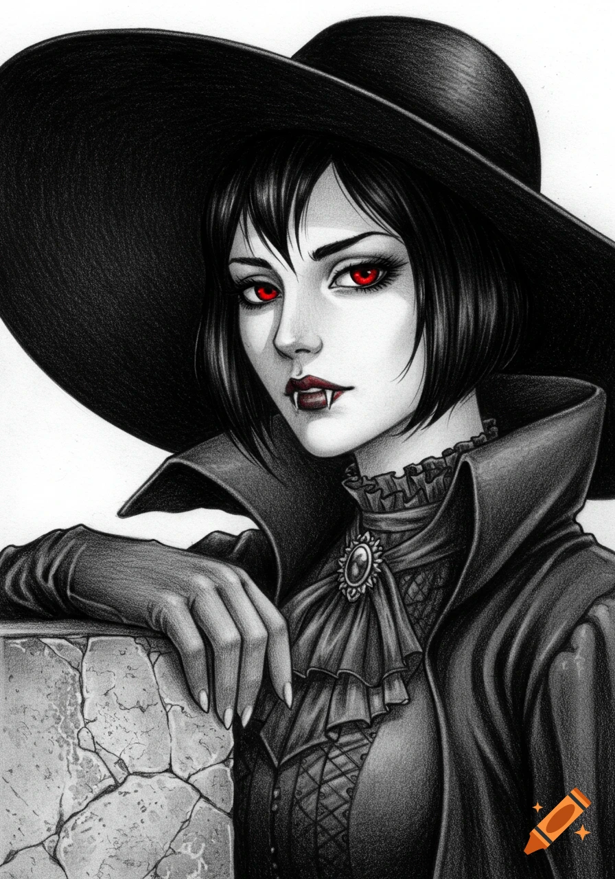 Pencil drawing of a female vampire with red eyes and a wide-brimmed hat, leaning on a stone.