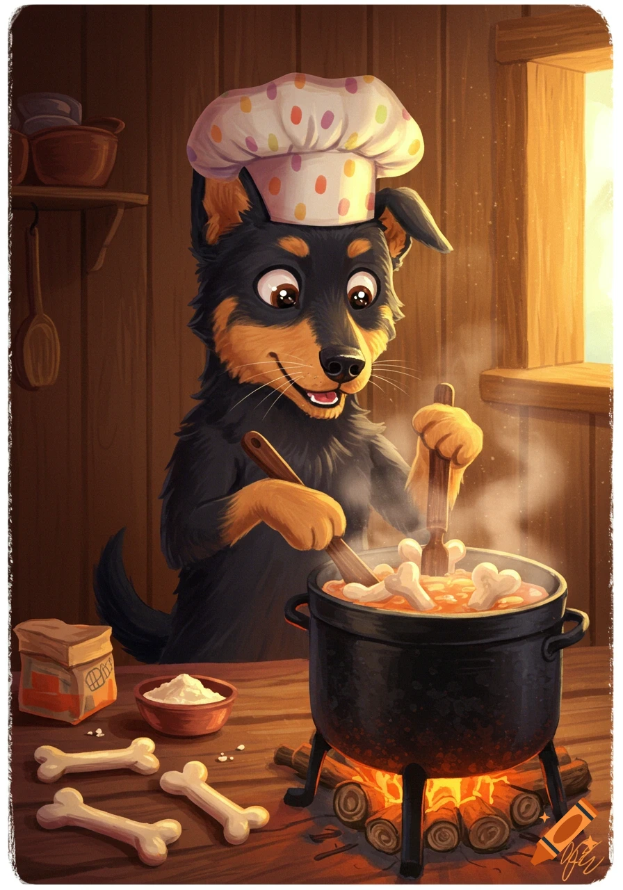 Cartoon black and tan dog wearing a chef's hat stirring a large pot over a fire