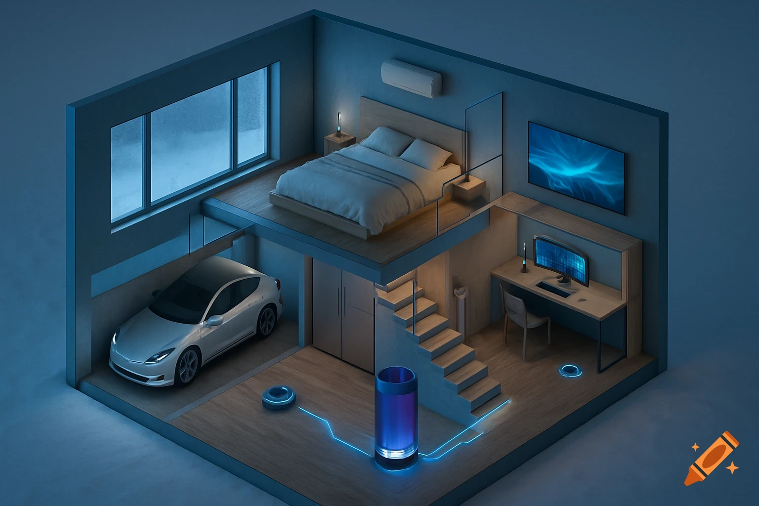 Isometric cutaway of a minimalist home with a car garage, bedroom, and workspace featuring tech like a smart battery and robot vacuum.