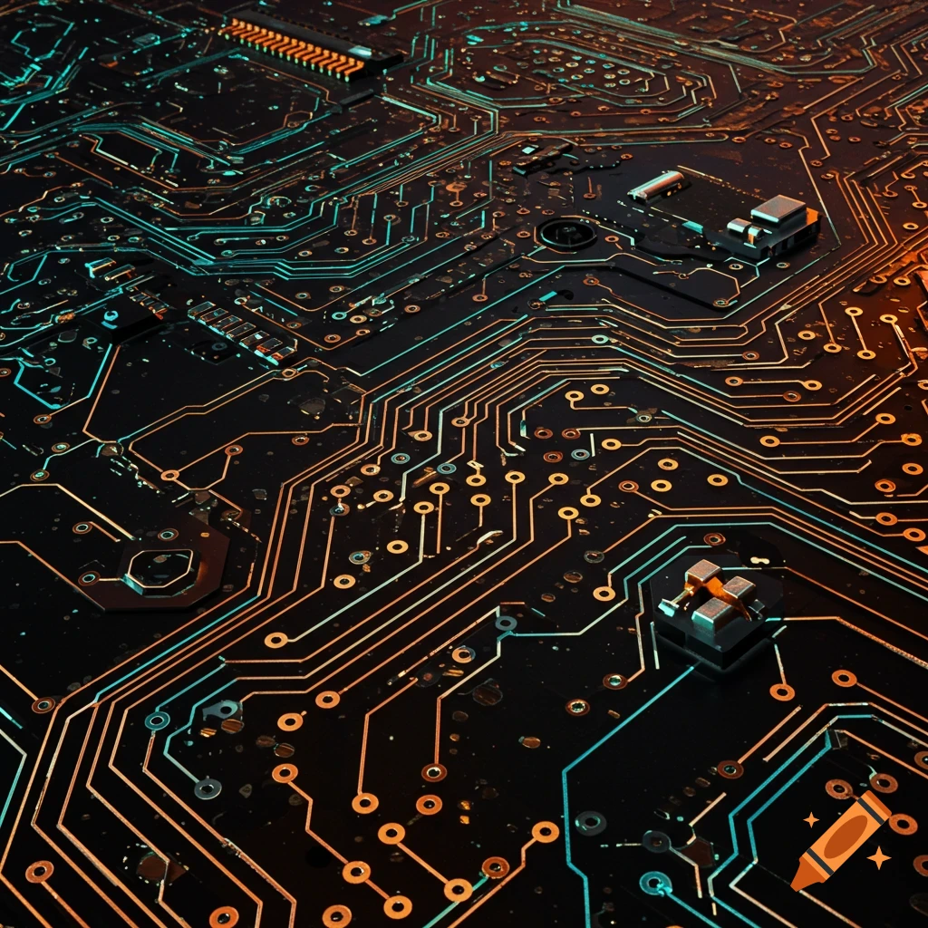 Close-up of a circuit board with orange and teal lighting.