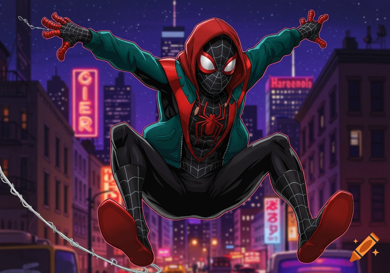 Miles Morales as Spider-Man swings through a stylized city at night, wearing his black suit and red hoodie.