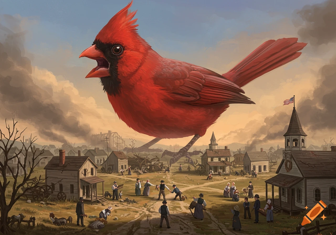 Illustration of a giant red cardinal bird standing over a small town with tiny people.