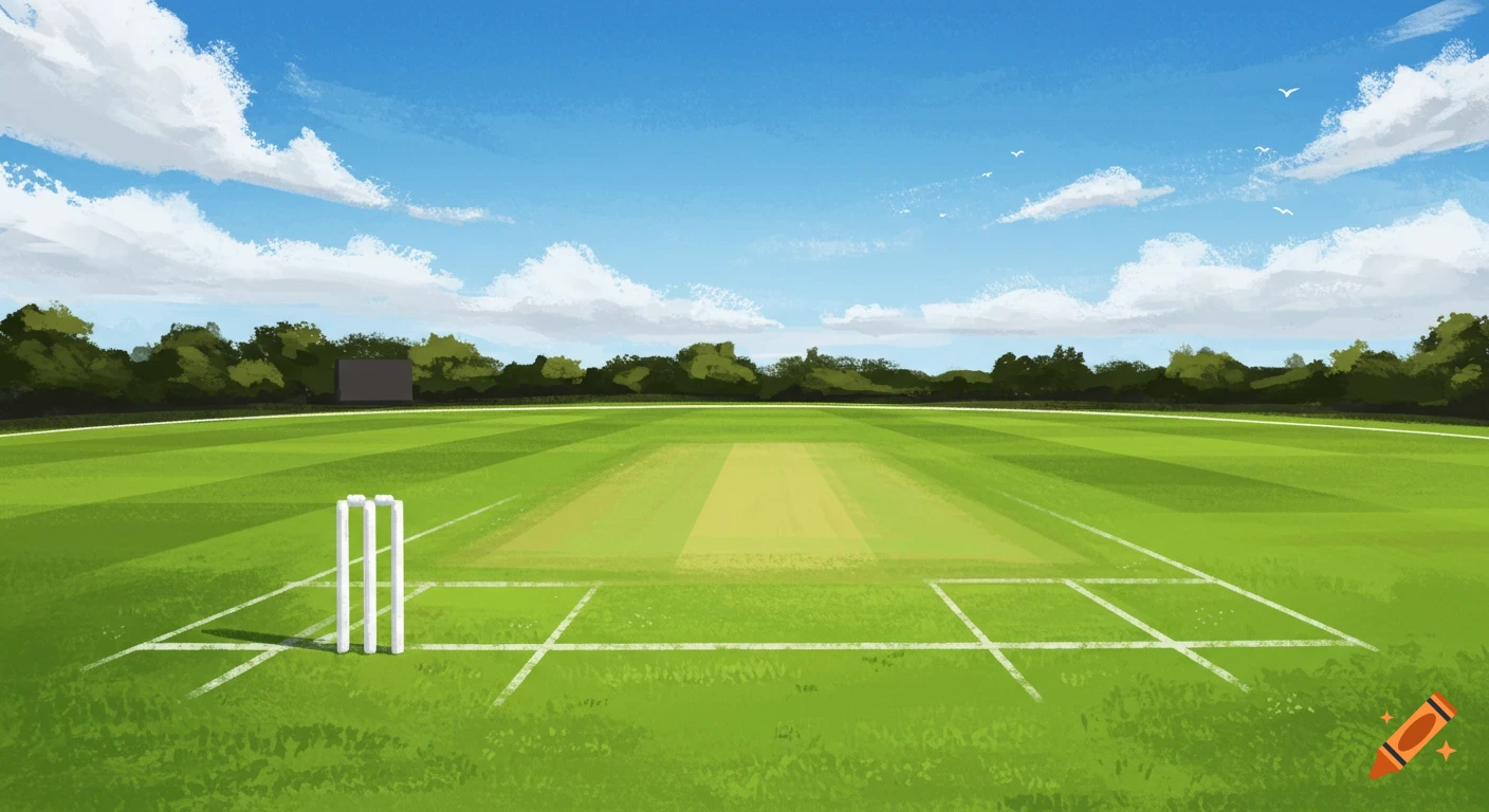 Digital painting of a cricket field with wickets under a blue sky.