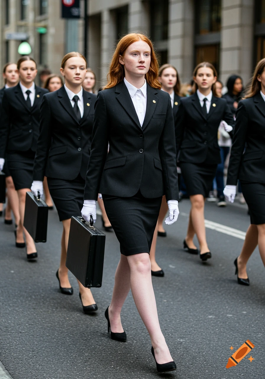 A group of women in black business suits marching in sync on a city street.