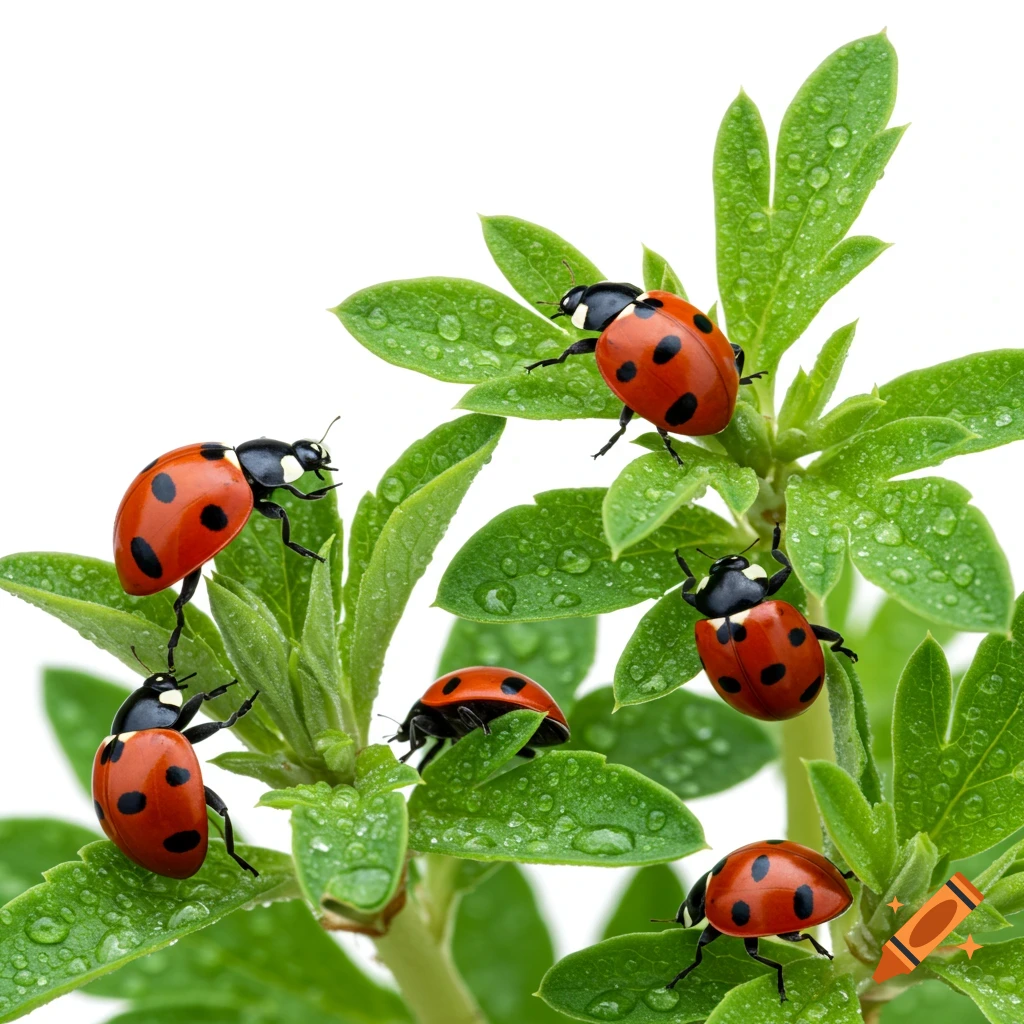 Close-up photo of several ladybugs on a green plant with water droplets.