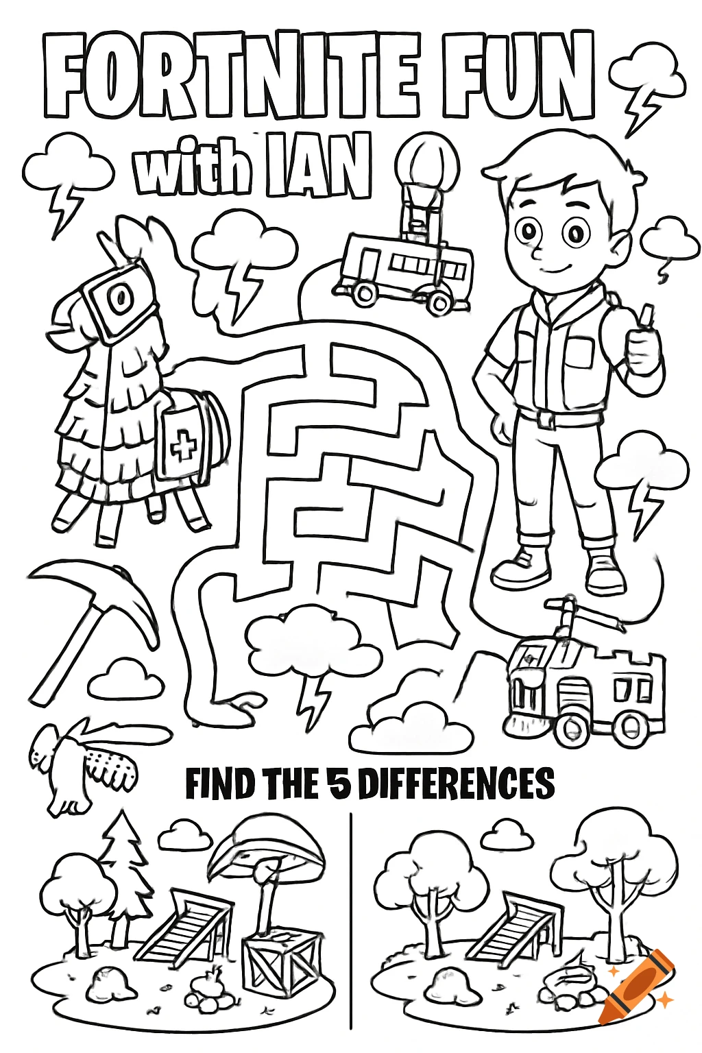 Black and white Fortnite-themed kids activity sheet with a maze, cartoon characters, objects like a llama and pickaxe, and a find the differences puzzle.