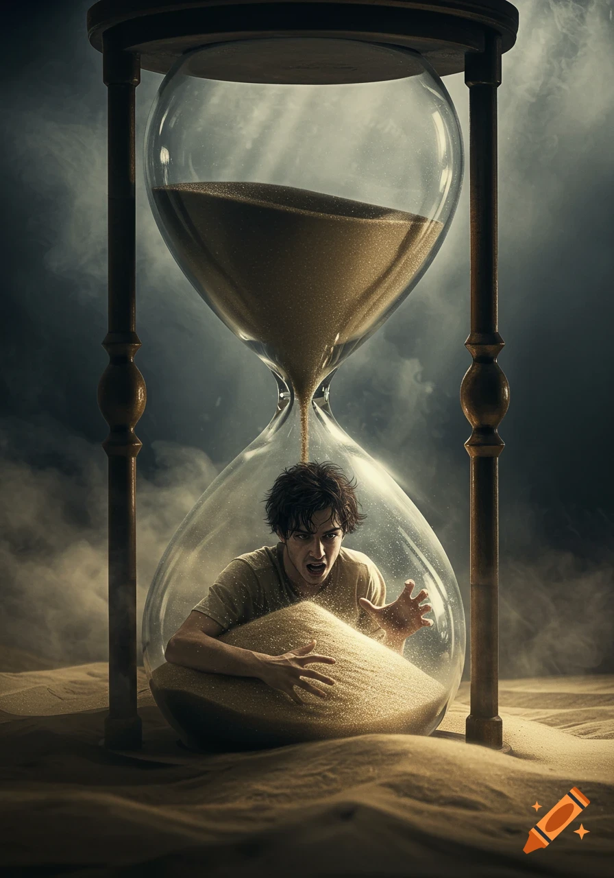 Young man trapped in the bottom of a giant hourglass, buried in sand, with dramatic lighting and smoke.