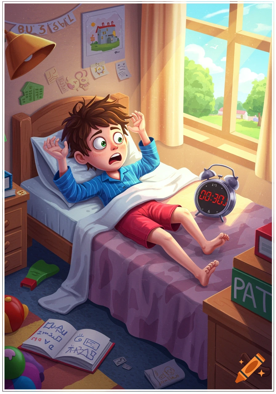 An illustrated boy wakes up startled in bed as sunlight streams through the window.