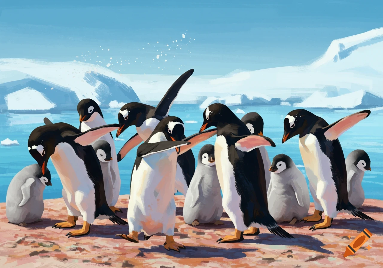 An illustration shows several gentoo penguins and chicks on a rocky shore, with adults doing the dab pose.