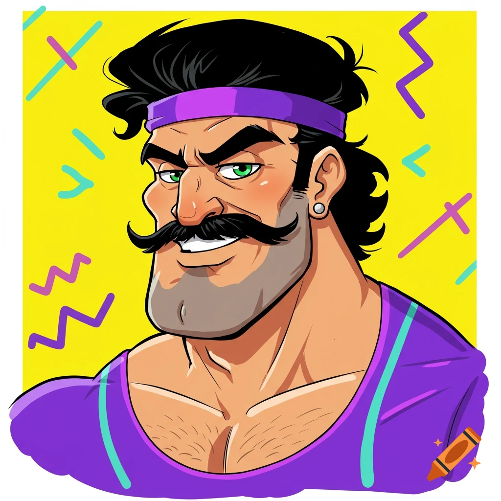A cartoon man with a mustache and headband in purple workout gear against an 80s-style background.