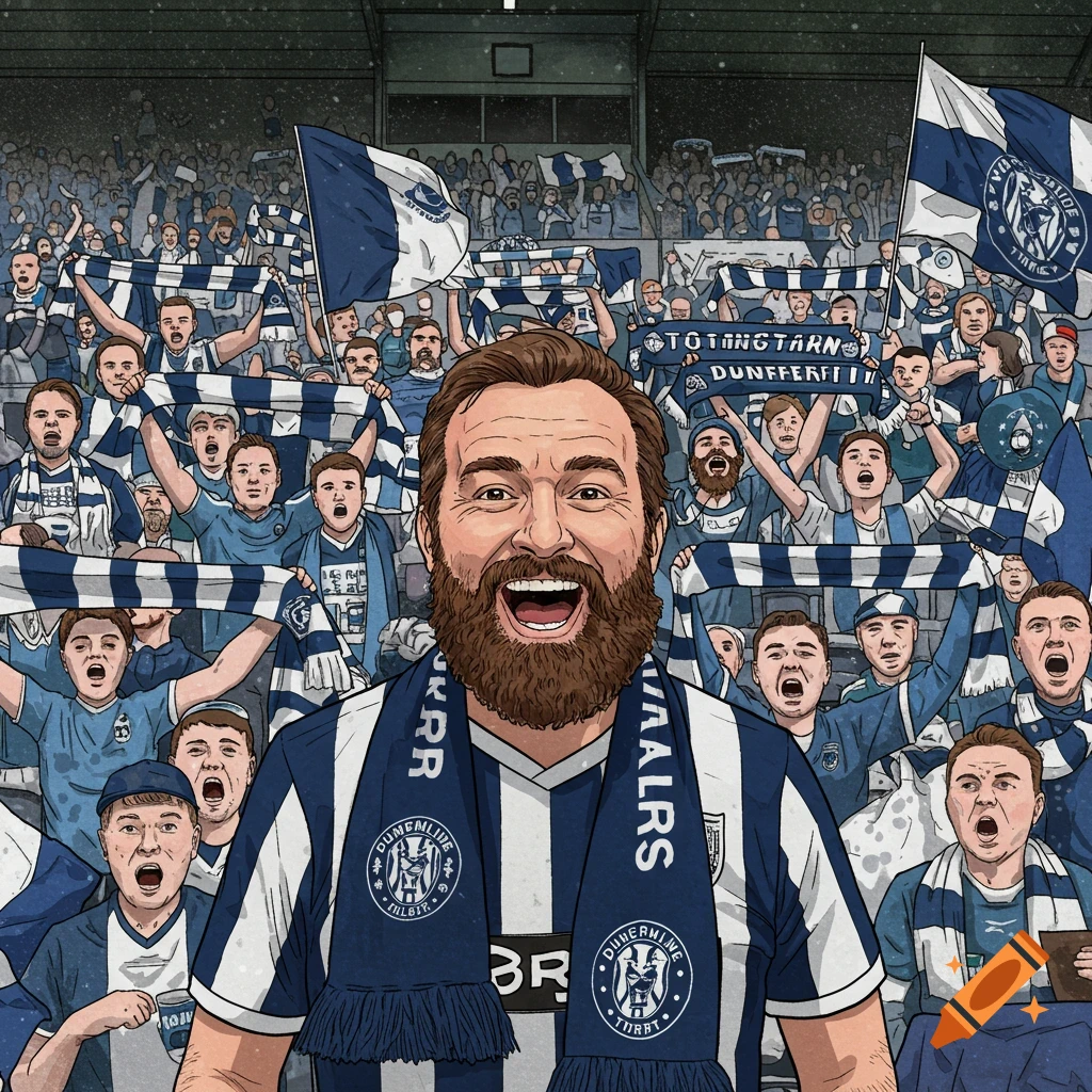 Illustration of a man in a football shirt and scarf smiling with cheering fans in a stadium.