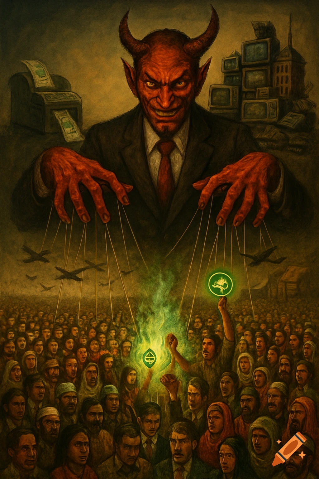 Painting of a red devil in a suit as a puppet master over a crowd, with a money printer and TVs behind him.