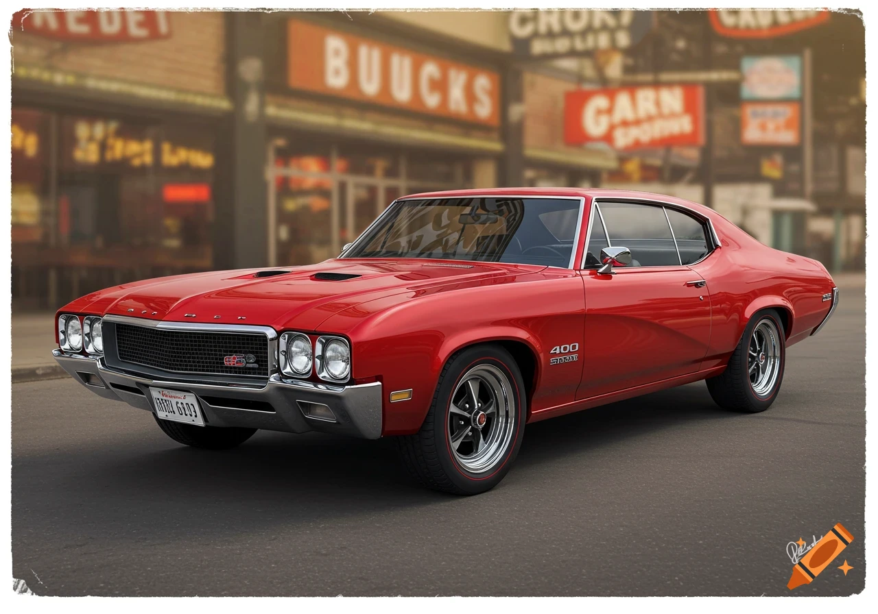 A red 1969 Buick 400 Stage 1 classic car is parked in front of a blurred building with signs.