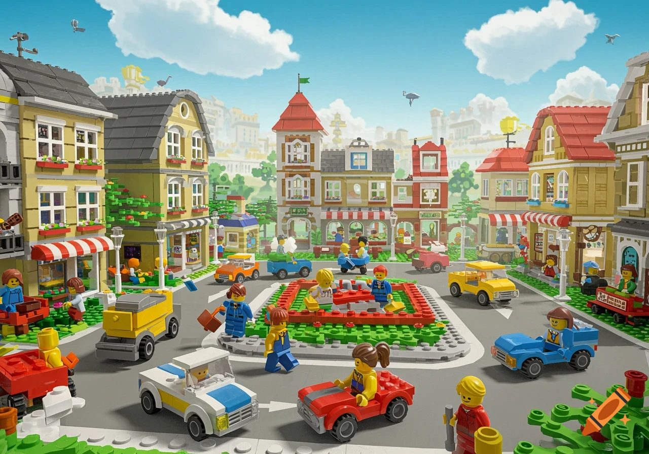 Detailed LEGO town scene with buildings, vehicles, minifigures, and a town square.