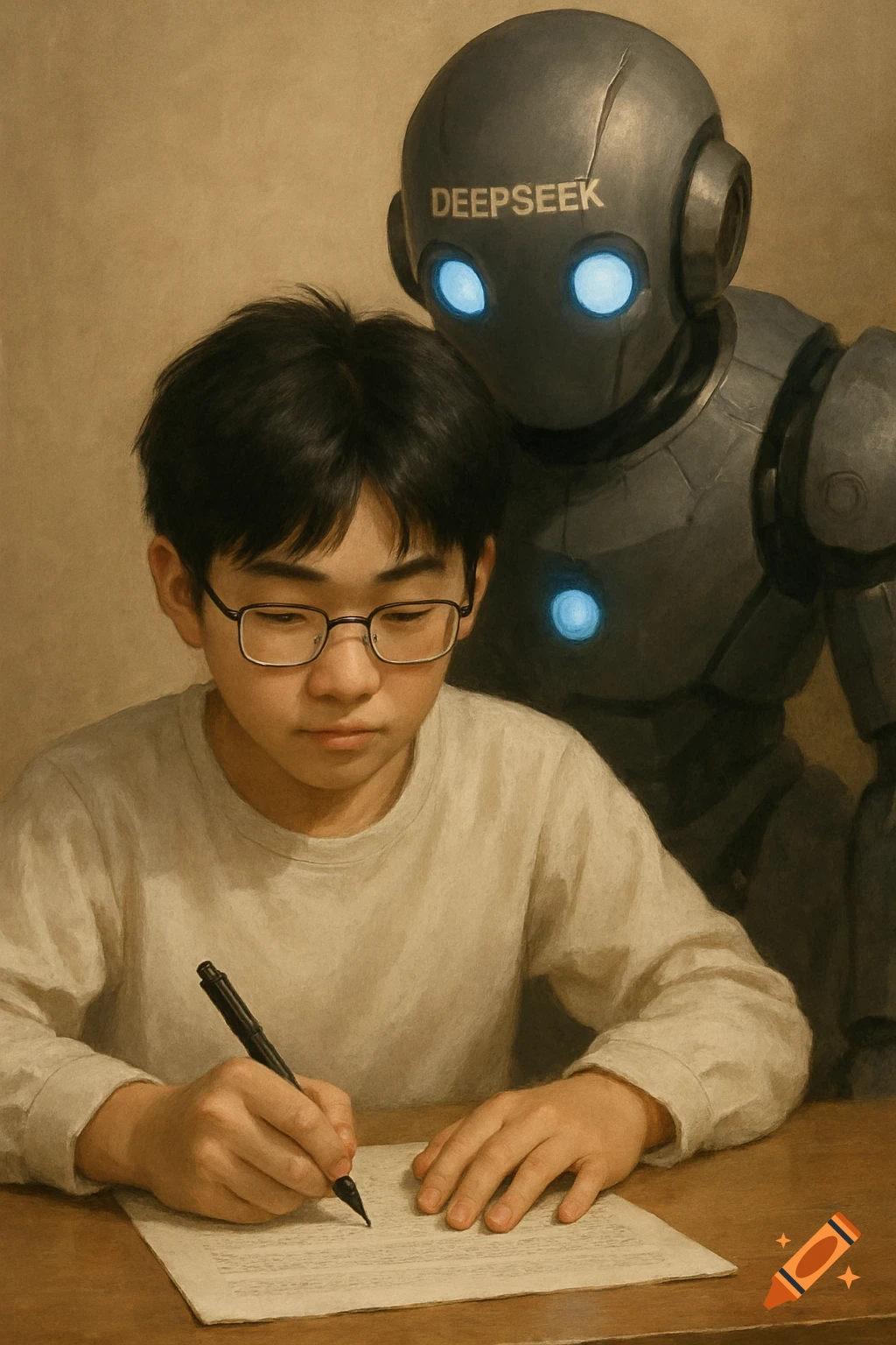 A young boy writes at a table while a robot with glowing eyes stands behind him. Painterly style.