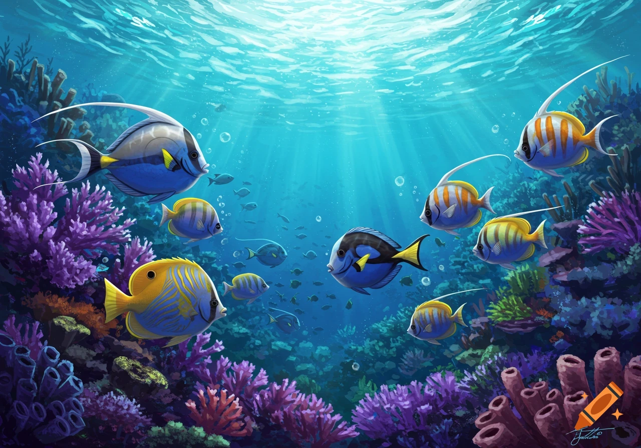 Colorful fish swim among coral in a bright underwater illustration.