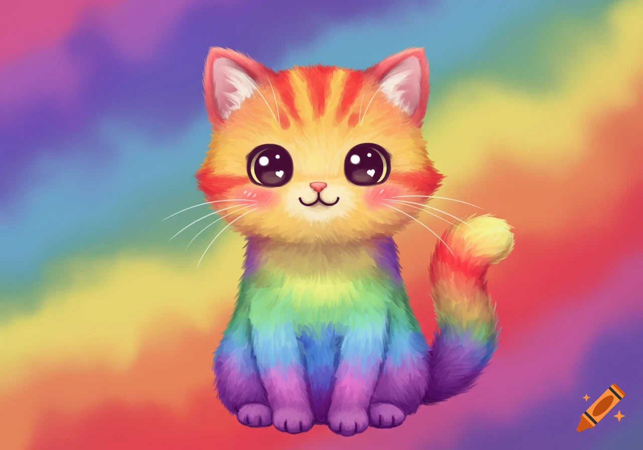 Cute fluffy rainbow colored cat sits in front of a rainbow background. Digital illustration.
