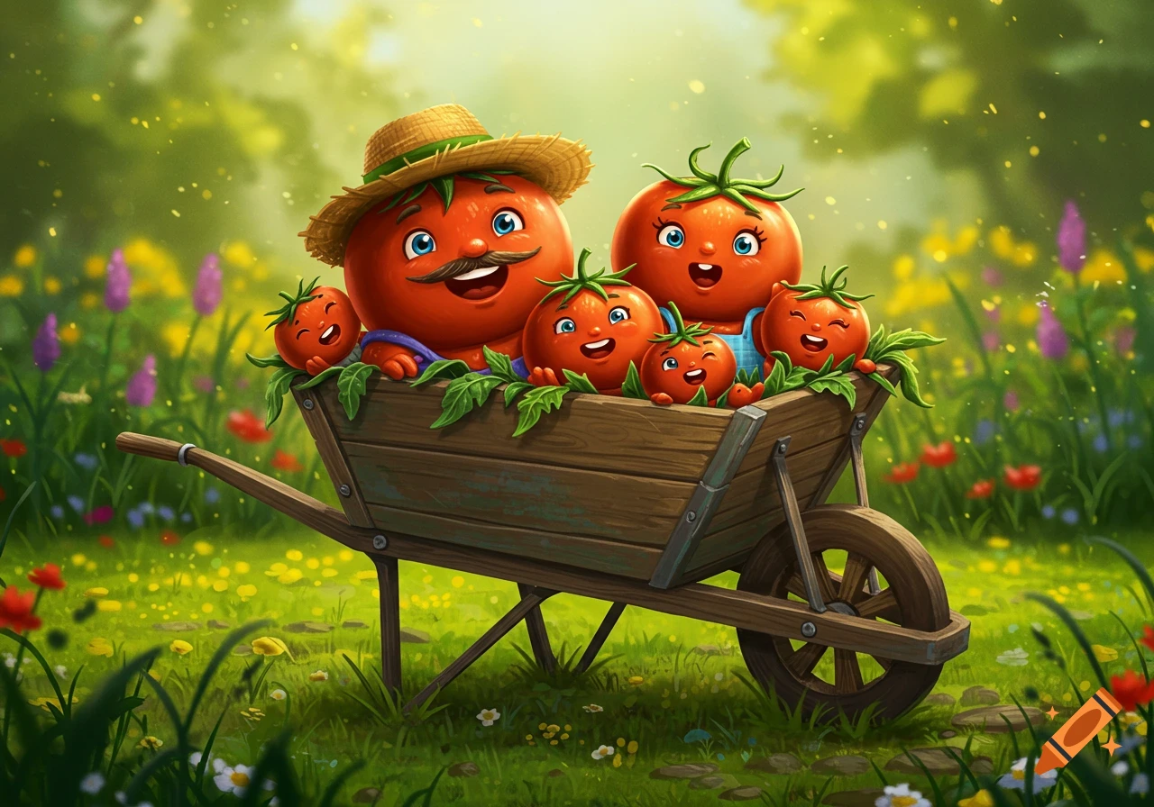 Cartoon tomatoes in a wheelbarrow in a sunny garden.
