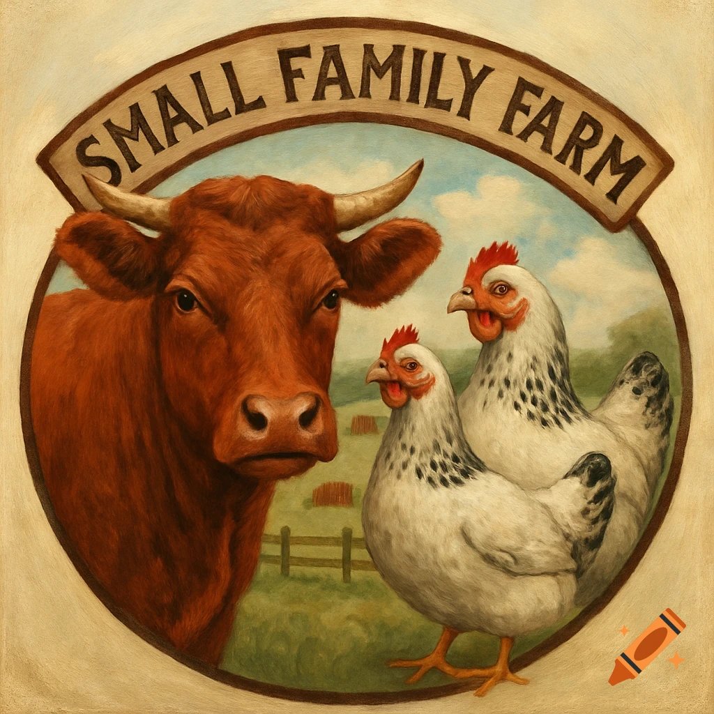 Painting of a cow and two chickens in a farm scene, framed by an arch with the text "SMALL FAMILY FARM".
