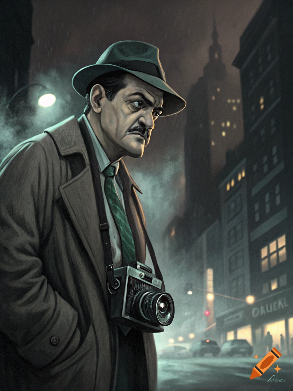 Man in fedora and trench coat with camera on a rainy city street at night, stylized illustration