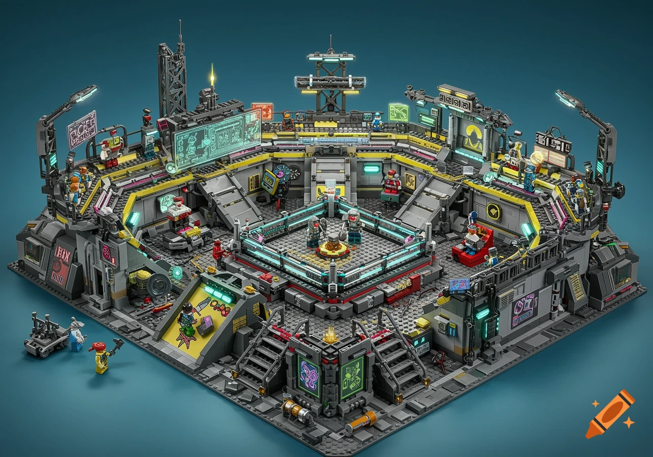A detailed Lego set depicting a cyberpunk arena with multiple minifigures.
