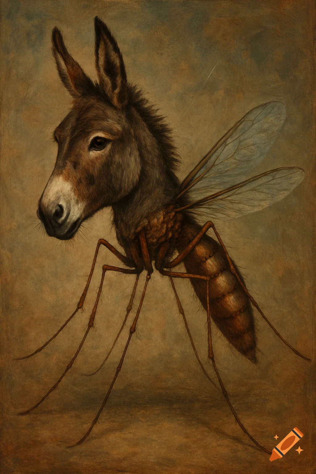Surreal painting of a creature with a donkey head and a mosquito body and legs.