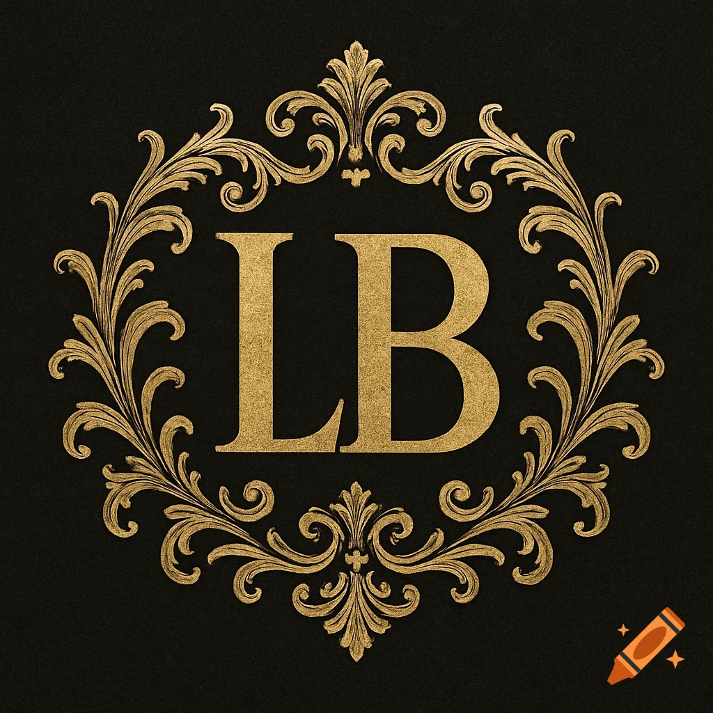 Gold ornate baroque frame with the letters LB inside on a dark background.