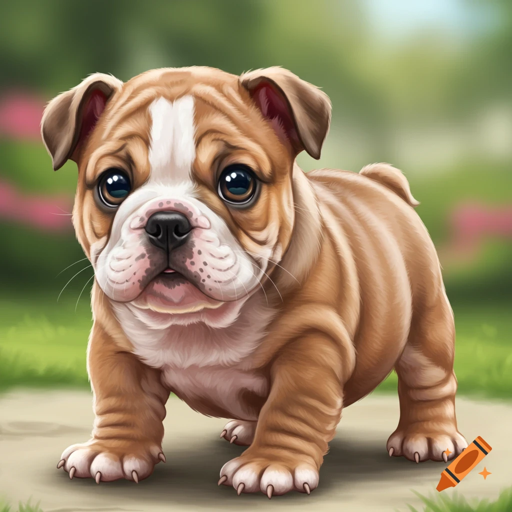 A cute, stylized bulldog puppy sits outdoors.