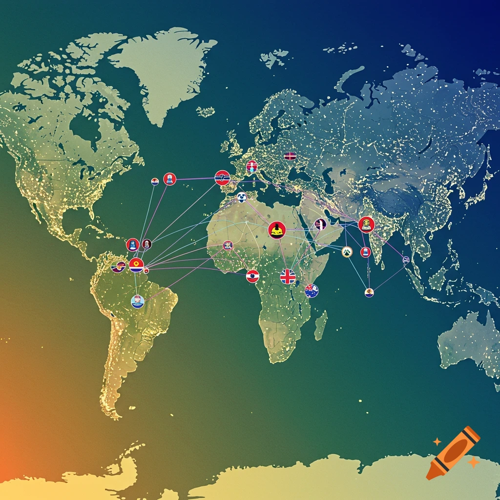World map showing a network of connected points with diverse markers over land and city lights.