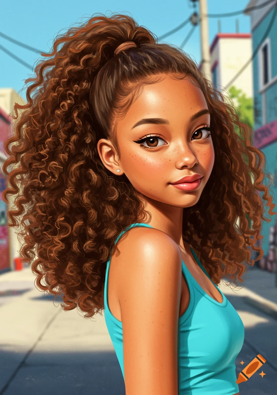 Stylized portrait of a young woman with curly hair in a high ponytail wearing a teal tank top in an urban setting
