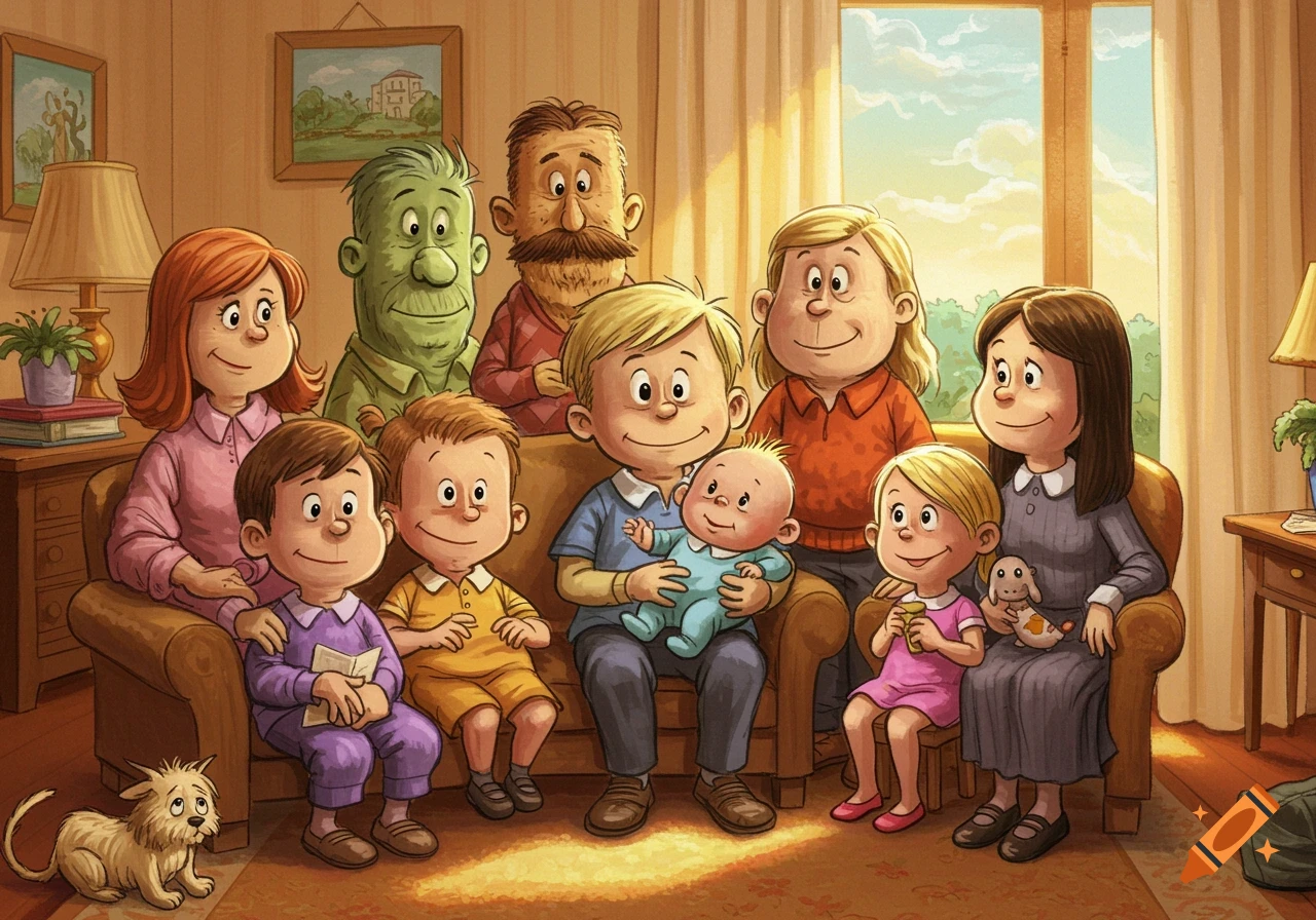 A large family group poses together in a living room, rendered in a cartoon style reminiscent of The Far Side.