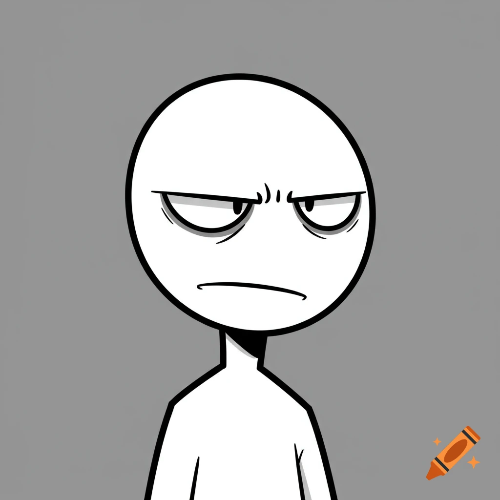 Simple drawing of a stick figure head and neck with a judgmental expression on a grey background.
