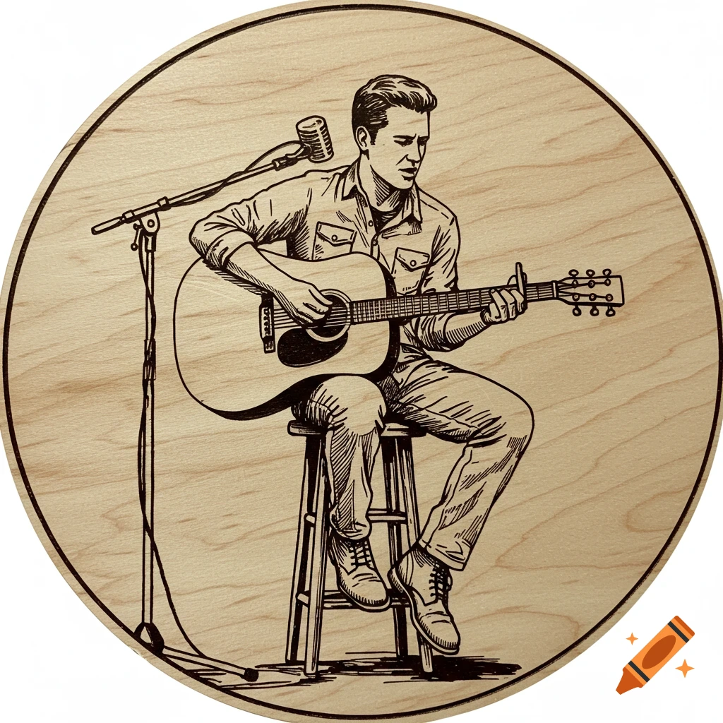 Line drawing of a man playing acoustic guitar on a stool with a microphone