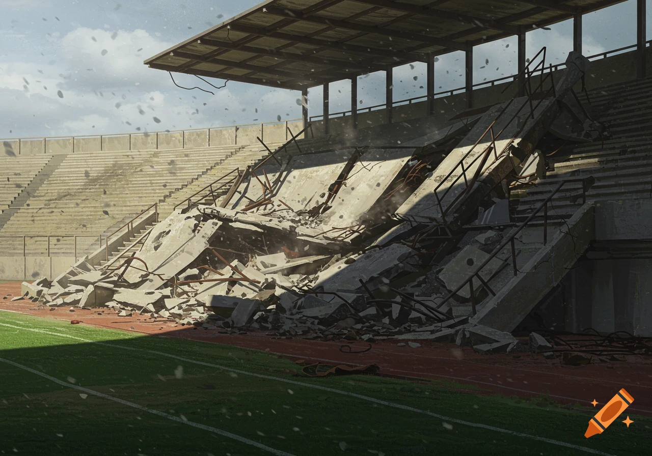 Collapsed concrete stadium stand lying in rubble on a track