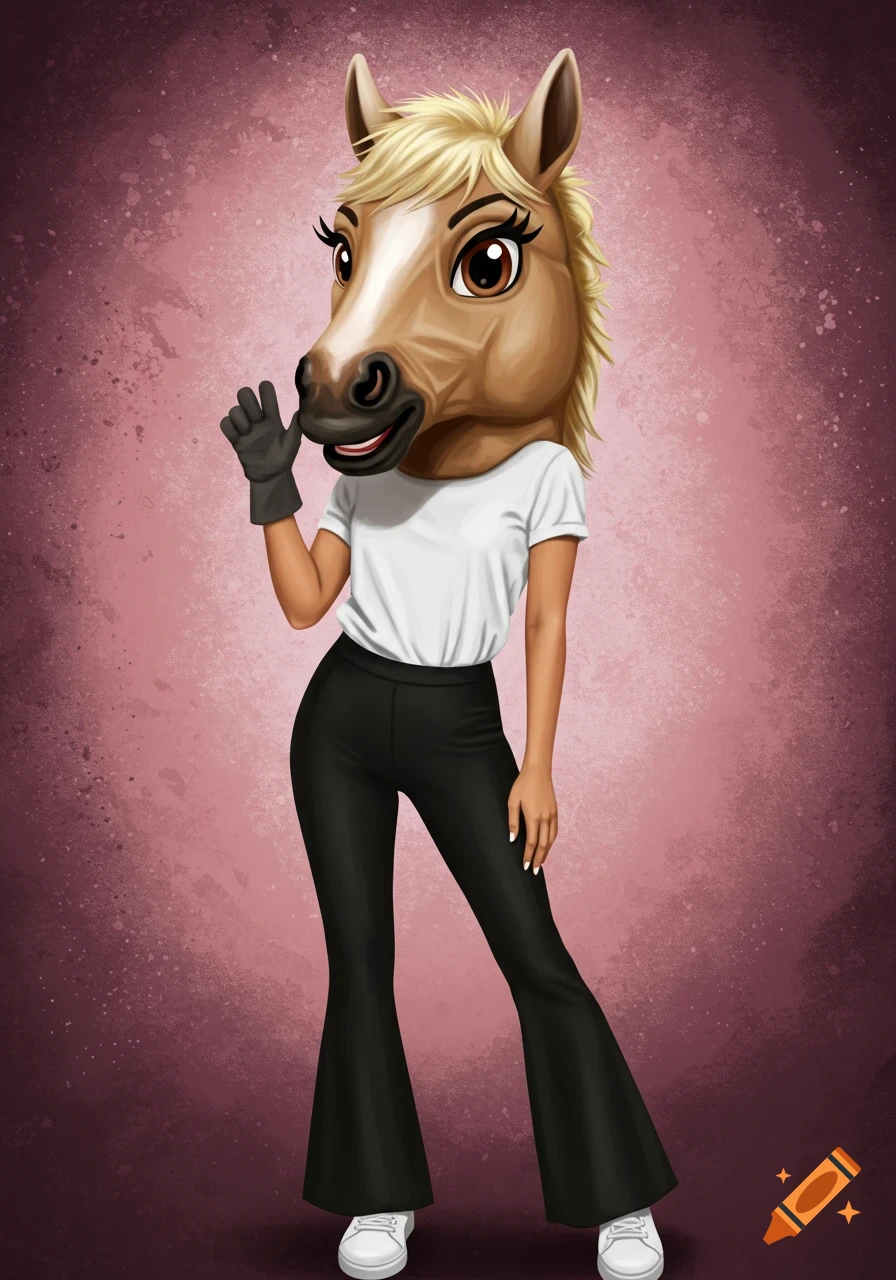 A person wearing a cartoonish horse mask, white t-shirt, and black bell bottoms stands against a pink textured background.