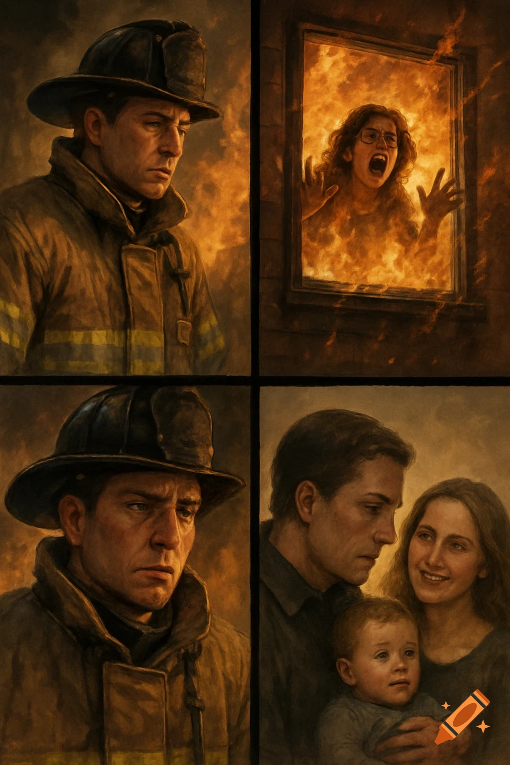 Four-panel painting shows a firefighter, a person trapped in fire, and the firefighter's family.