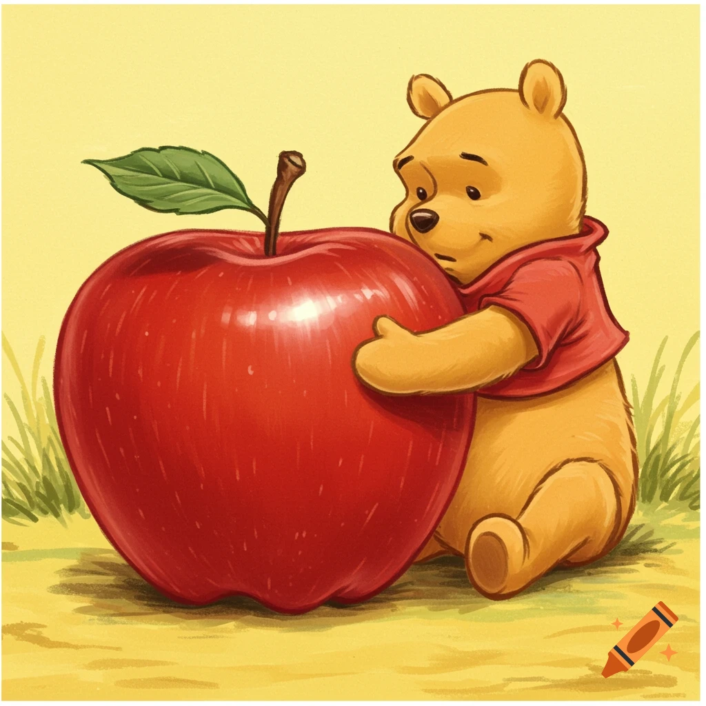 Winnie the Pooh hugs a large red apple in a cartoon illustration.