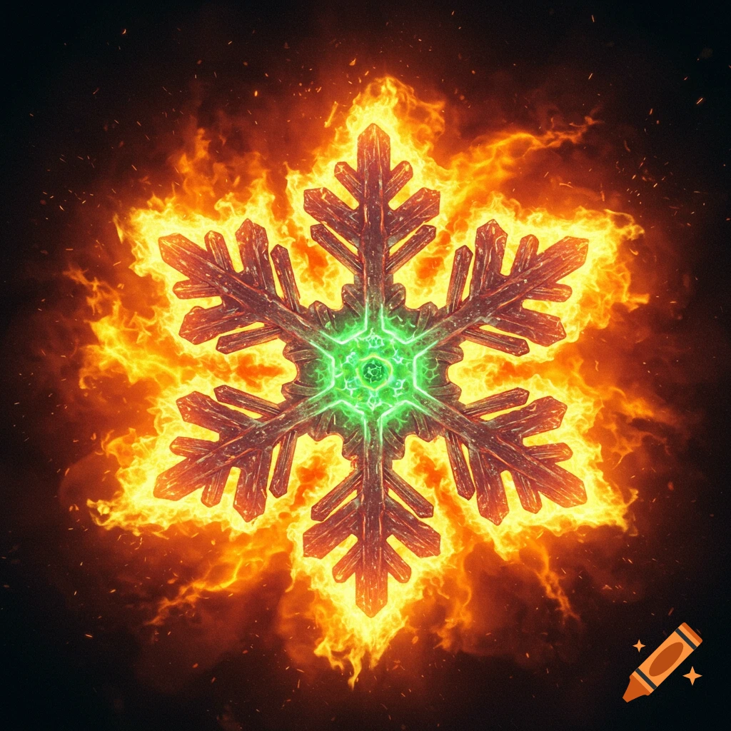 A fiery snowflake with a glowing green center against a dark background.