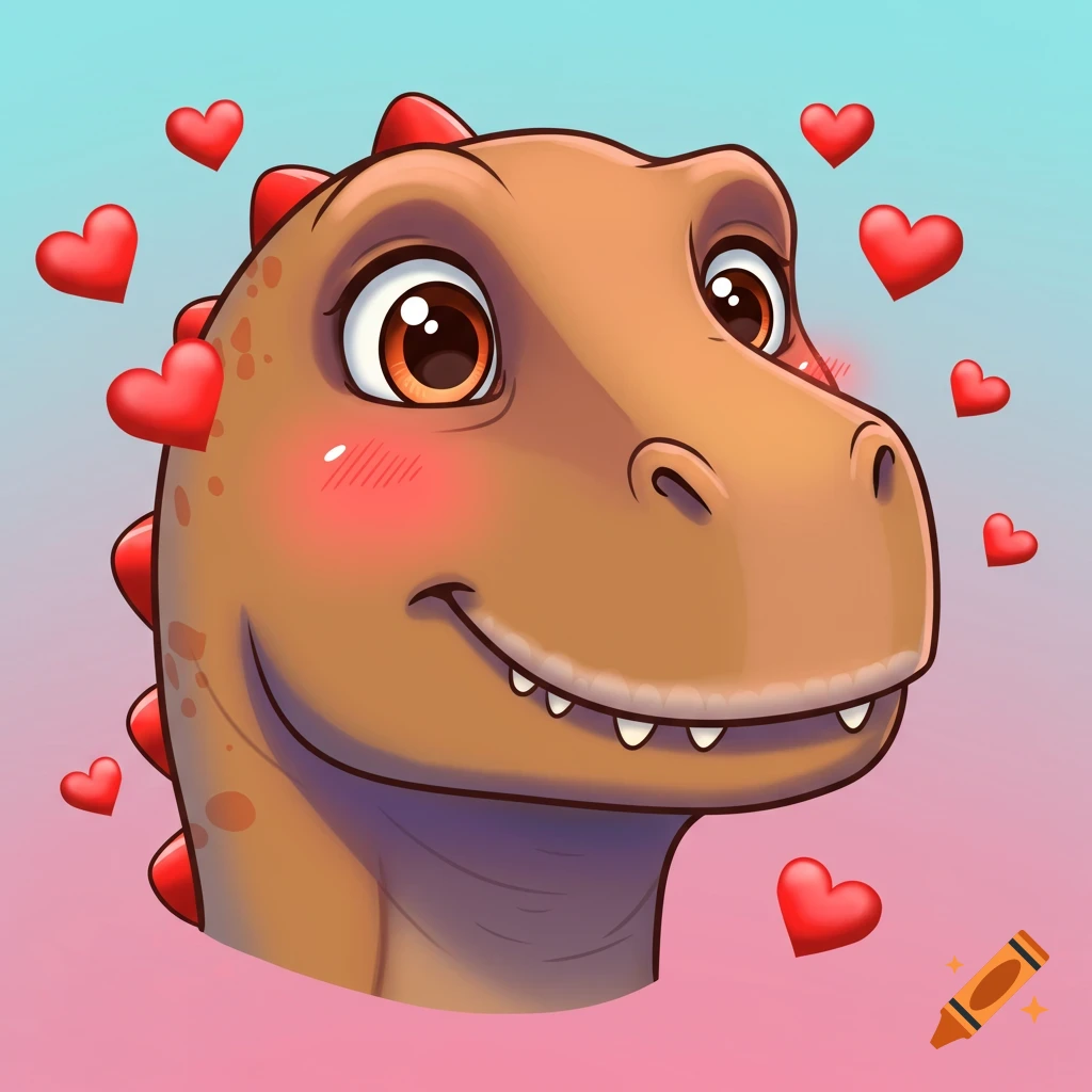 Cartoon dinosaur head smiling with red hearts around it