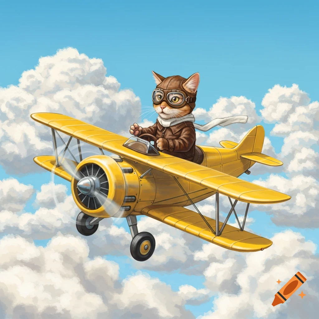 A cartoon cat in goggles and a brown jacket flies a yellow biplane through fluffy clouds.