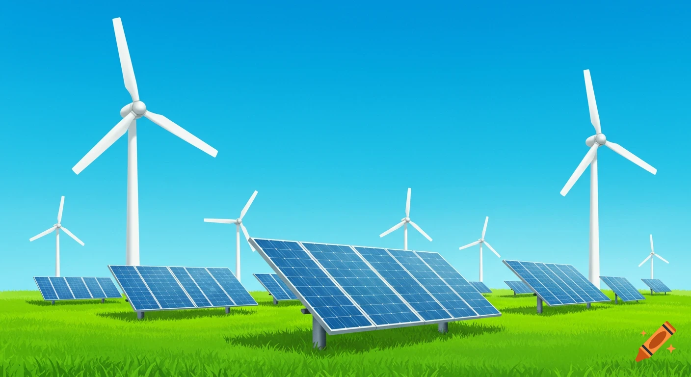 Solar panels and wind turbines in a green field under a blue sky in a bright illustration style.