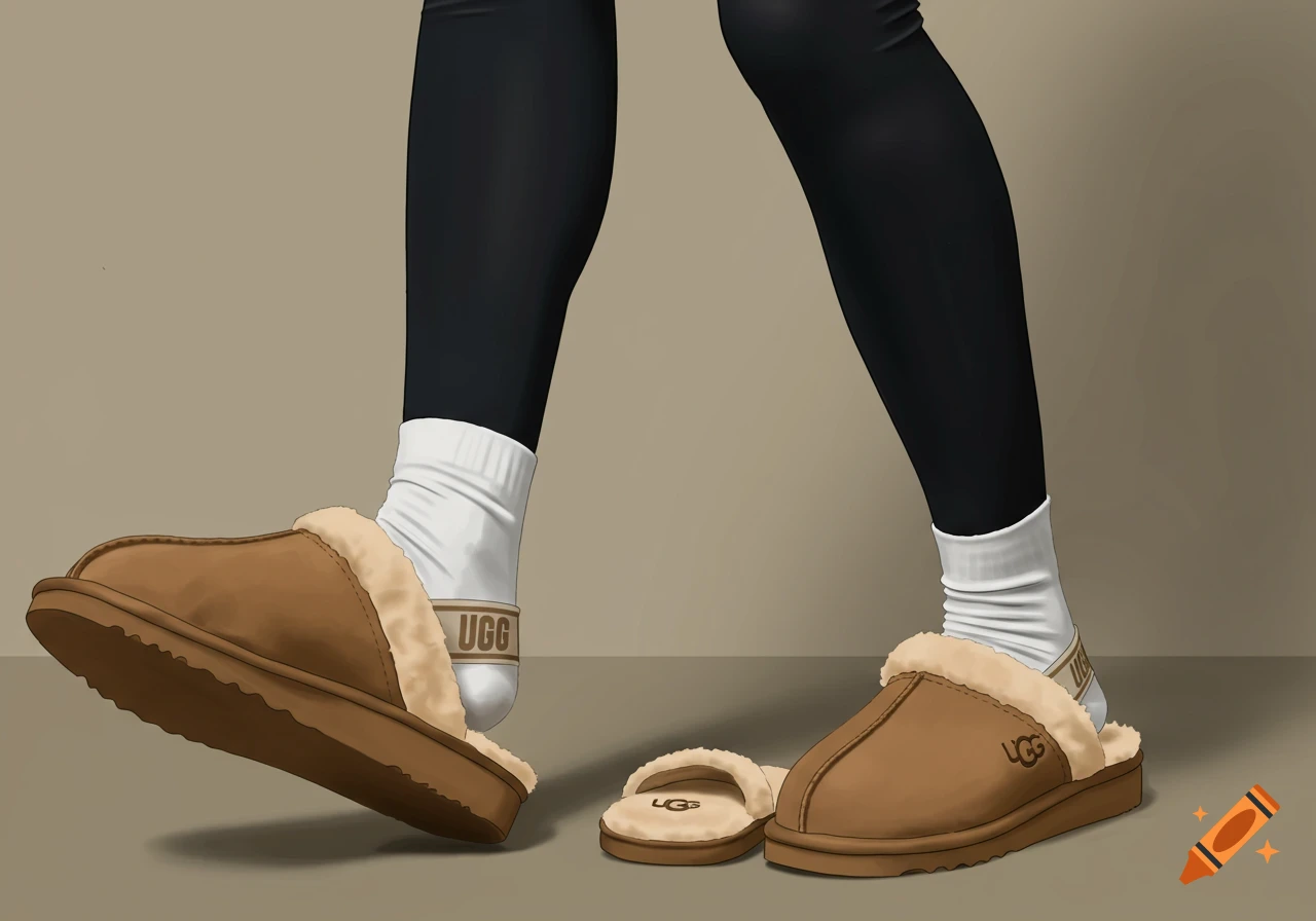 Illustration of legs wearing black leggings, white socks with UGG logo, and brown UGG slippers