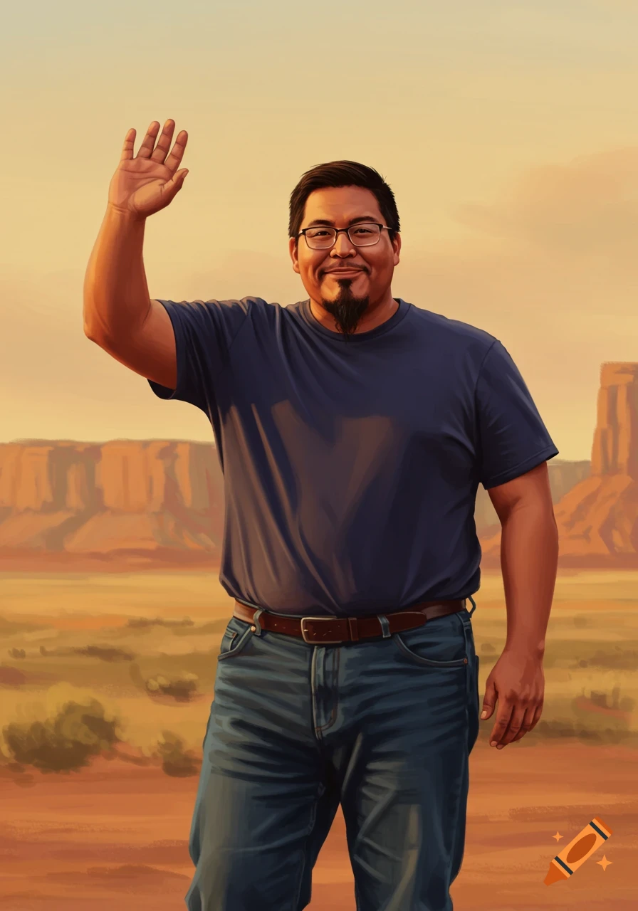 A Native American man waves in a desert landscape.