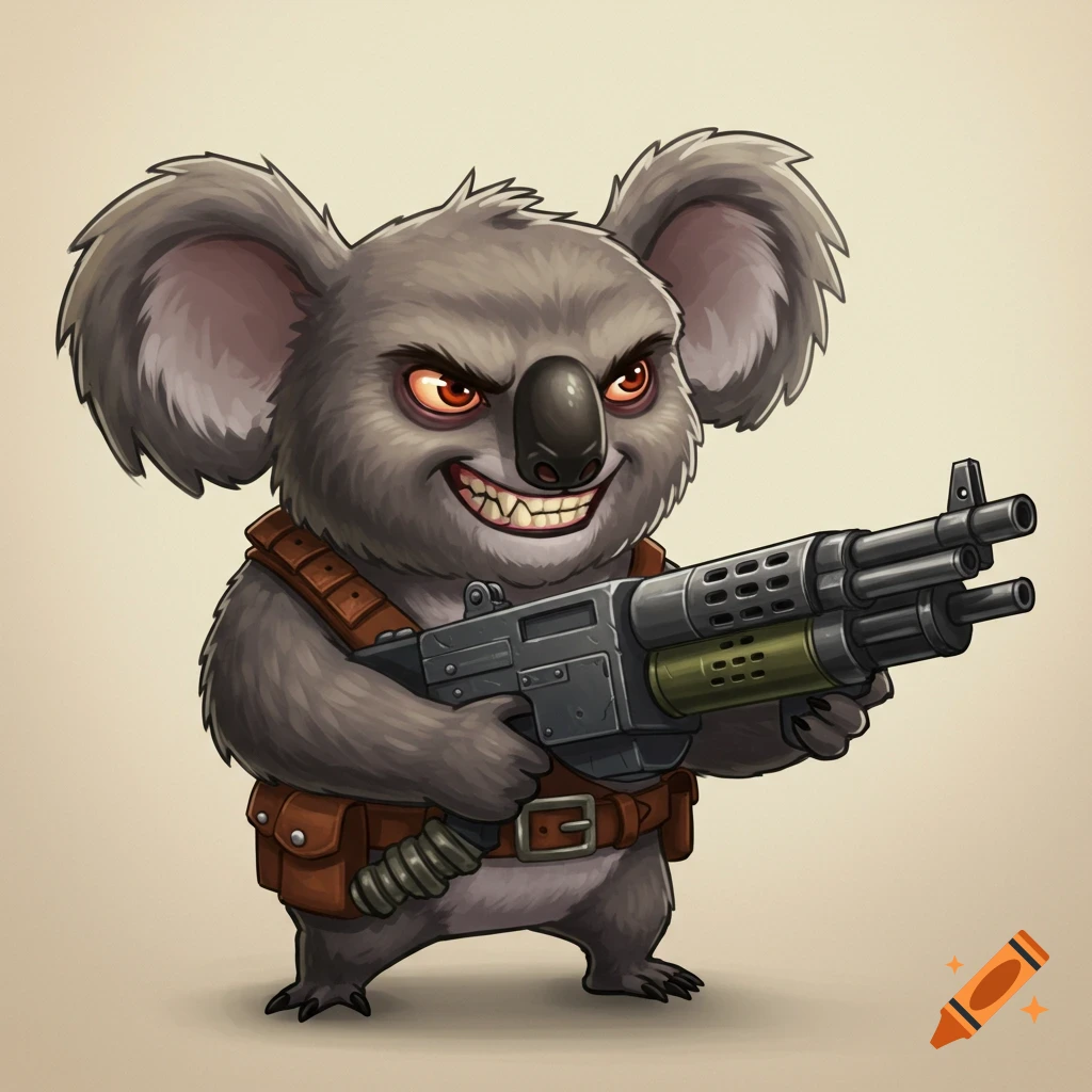 Cartoon of a fierce koala bear holding a machine gun
