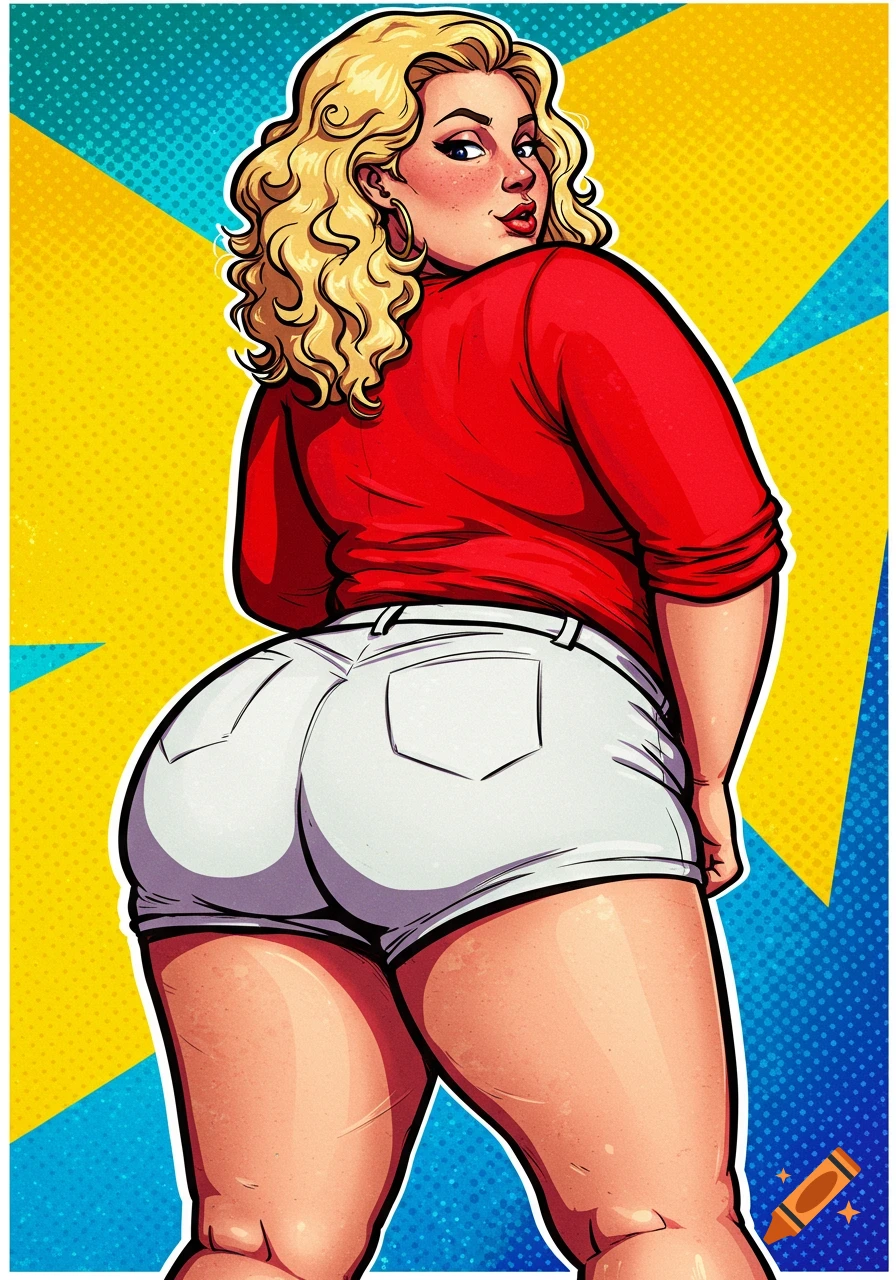 A stylized illustration of a curvy woman in white shorts and a red shirt, looking back over her shoulder.