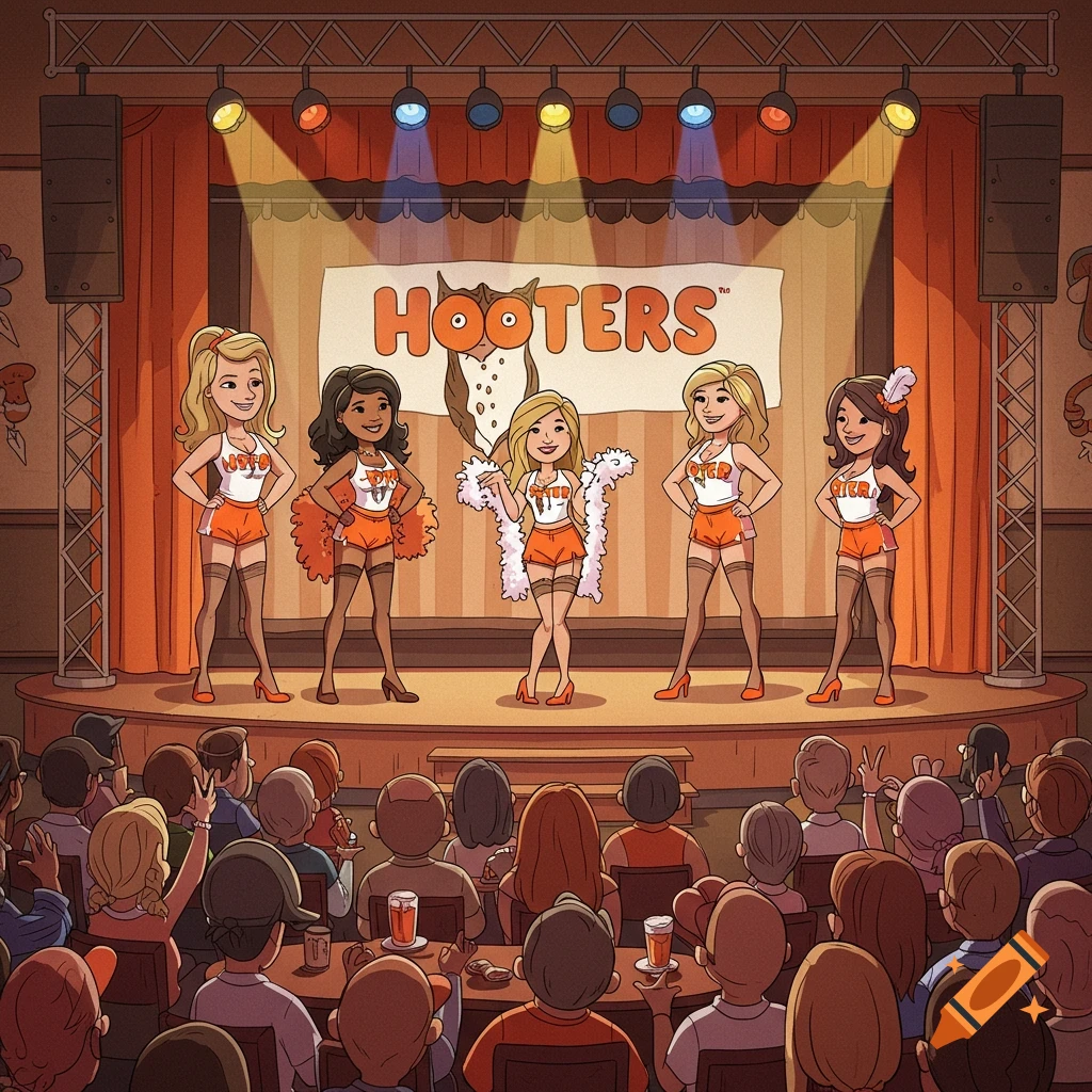 Cartoon of women in Hooters uniforms performing on a stage for an audience.