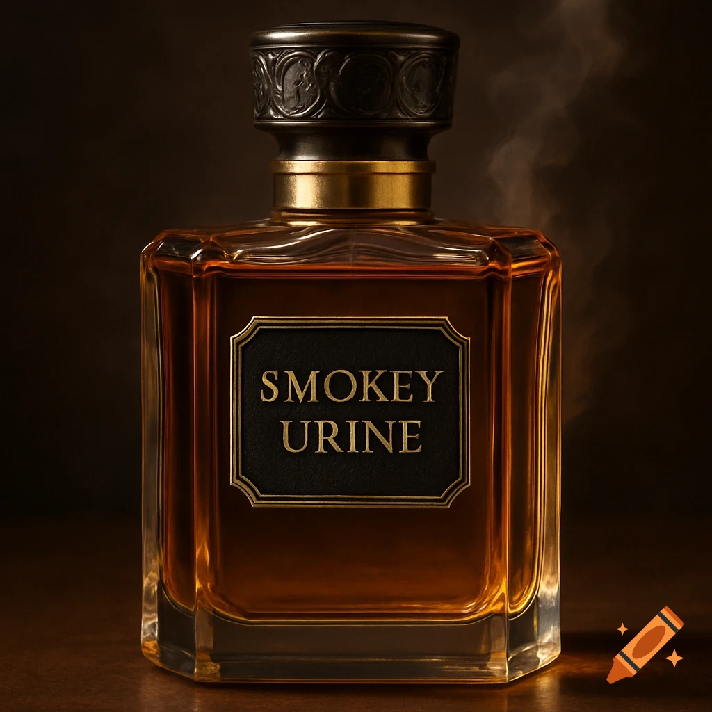 A luxury perfume bottle labeled Smokey Urine