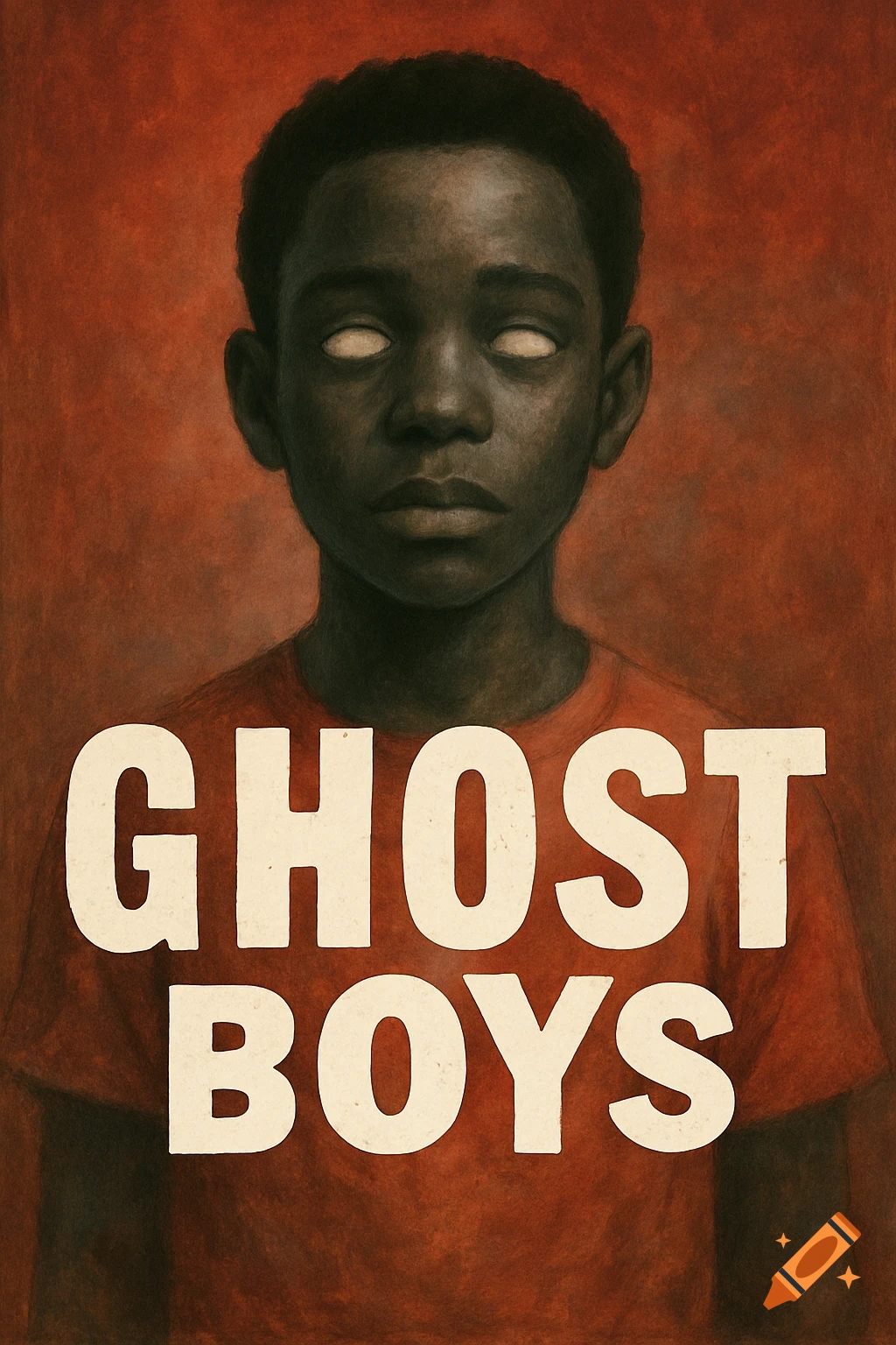 Illustration of a dark-skinned boy with blank white eyes and the text 'GHOST BOYS' across his chest.
